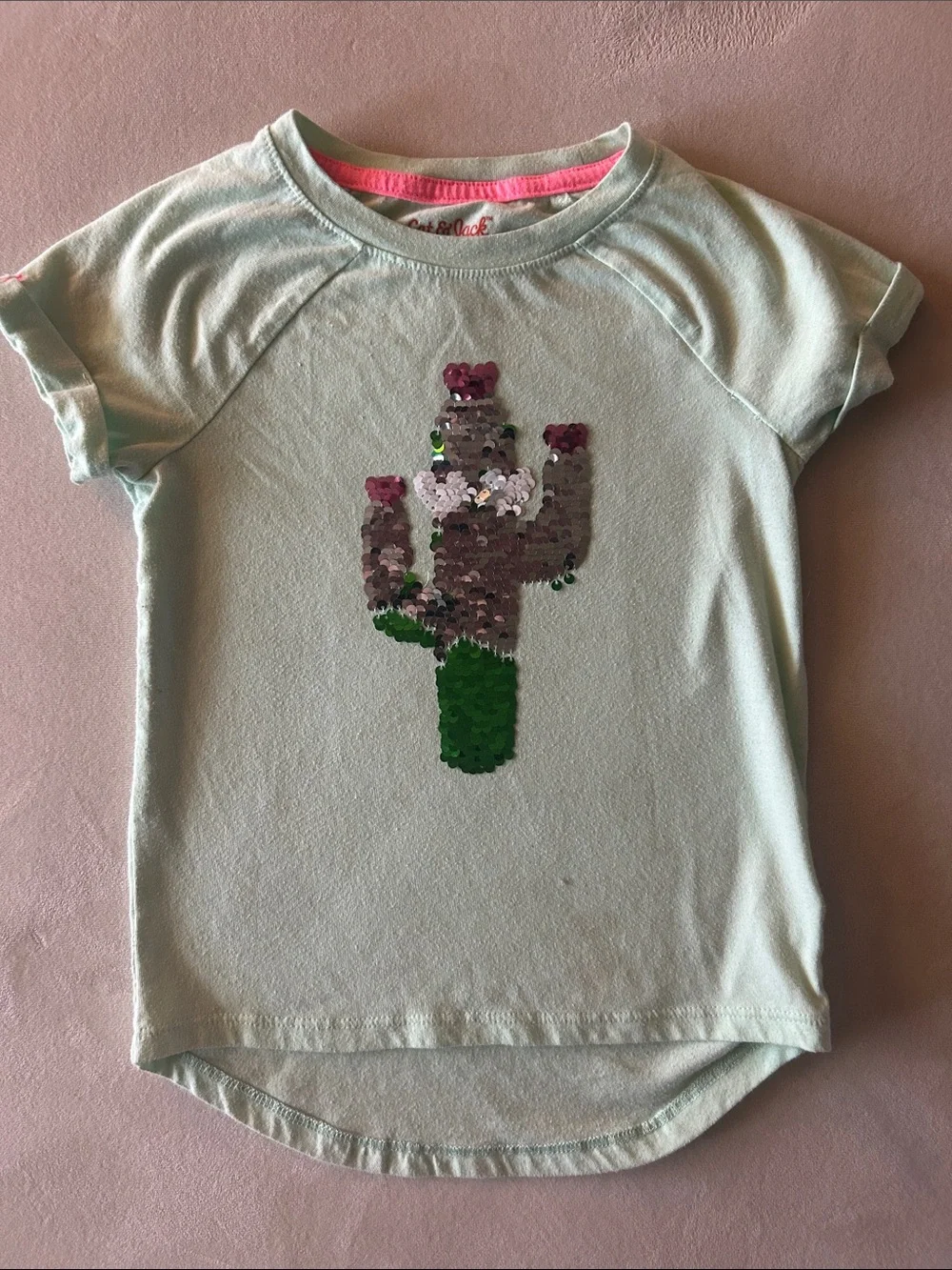 Cat & Jack Mint Green Short Sleeve Sequin Cactus Tee